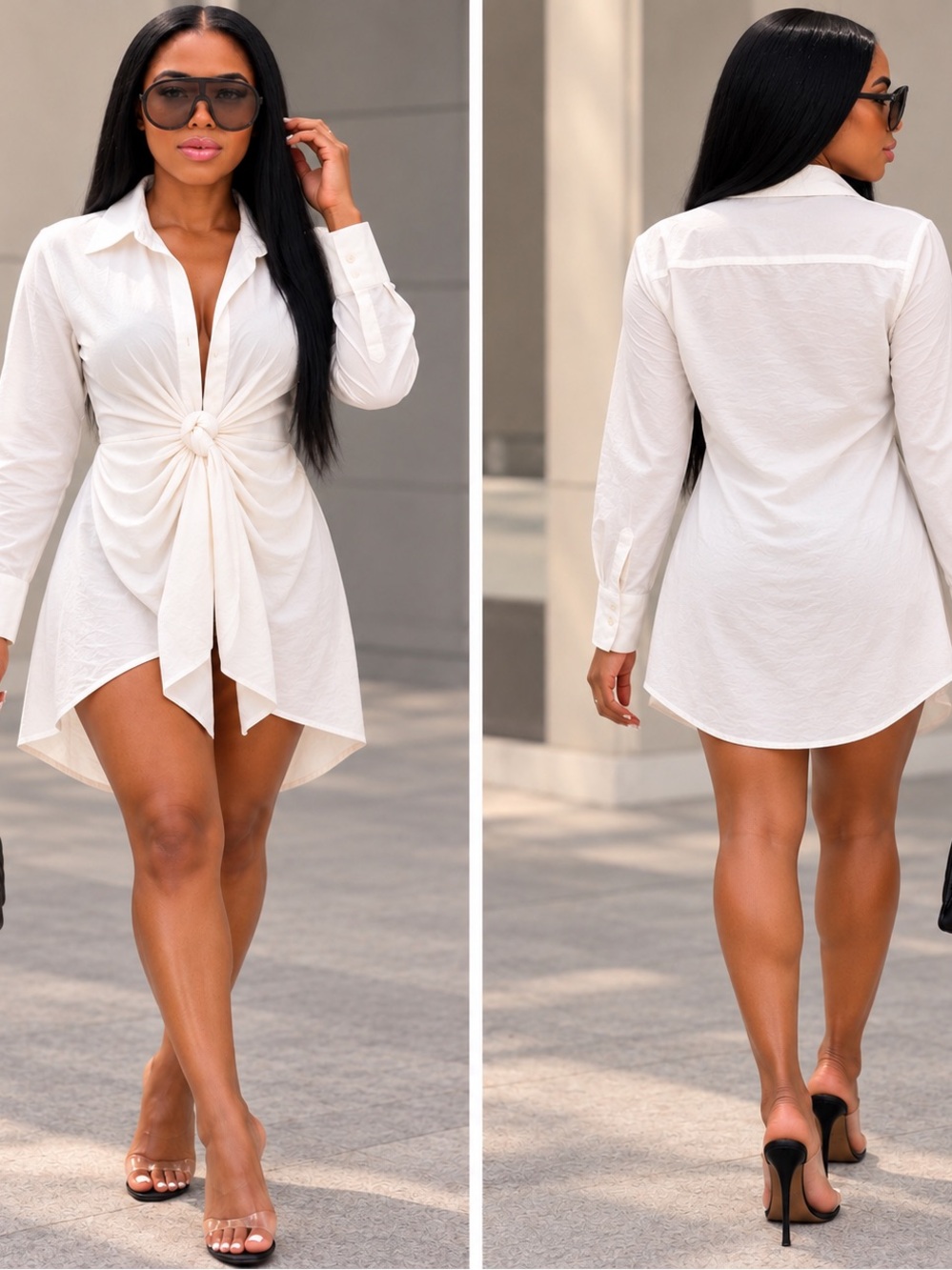 Elegant White High-Low Knot Front Shirt Dress